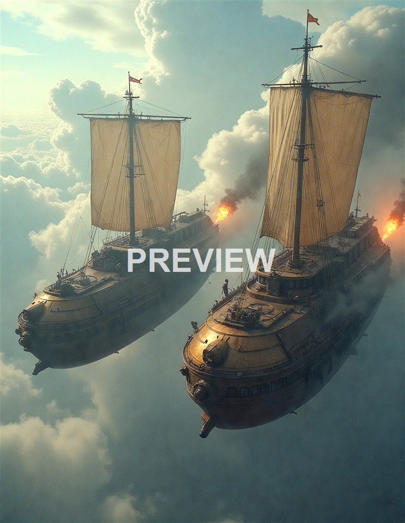 Two large sailing ships are depicted flying through the sky among clouds, with visible flames and smoke suggesting they are on fire.